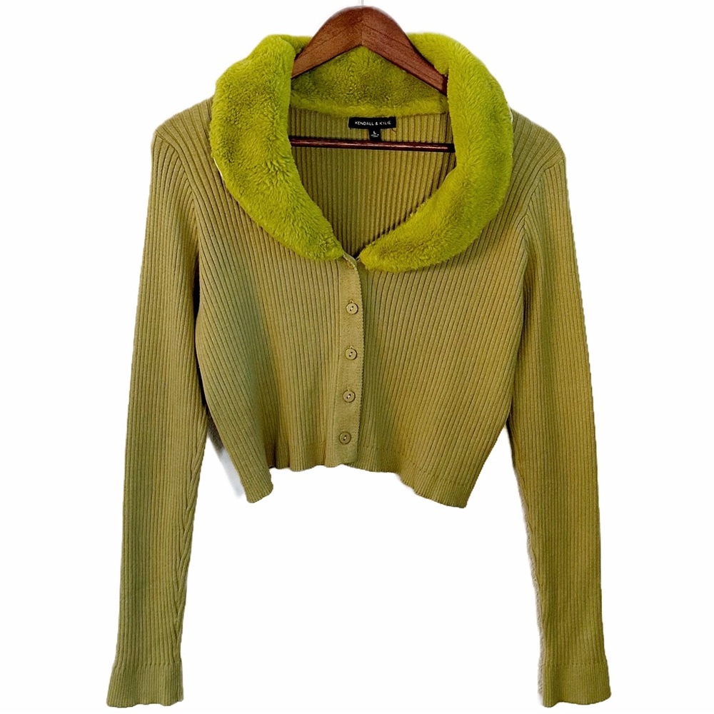 Kendall & Kylie Chartreuse Green Fur Collar Cropped Cardigan Size L